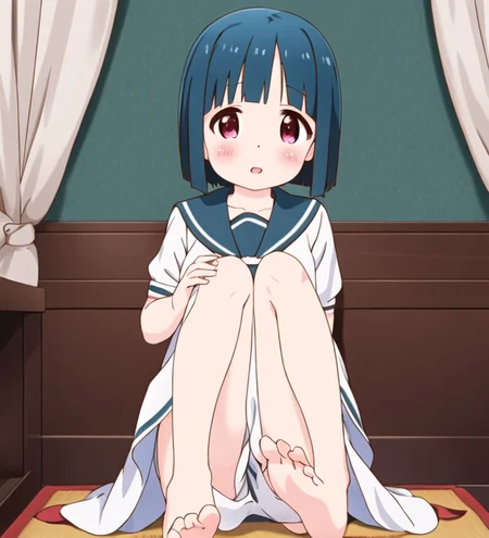 straight on, YuriYama, official art, in white dress sitting with barefoot, knees up on bed