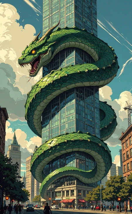 High-resolution painterly anime-style illustration, depicting a gigantic serpent coiled around a towering skyscraper. The serpent is immense, with emerald-green scales that glisten in the sunlight, and its body winds tightly around the building's glass exterior. Its fierce, glowing eyes and sharp fangs create an imposing presence as it surveys the city below. The skyscraper is a sleek, modern structure with reflective windows that capture the serpent's vibrant colors. The background includes a bustling urban cityscape, with other tall buildings, vehicles, and pedestrians looking up in awe and fear. The sky is filled with dramatic clouds, casting dynamic shadows and beams of light that highlight the serpent's form. Painterly rich, vibrant colors and intricate details, evoking a sense of awe and fantasy.