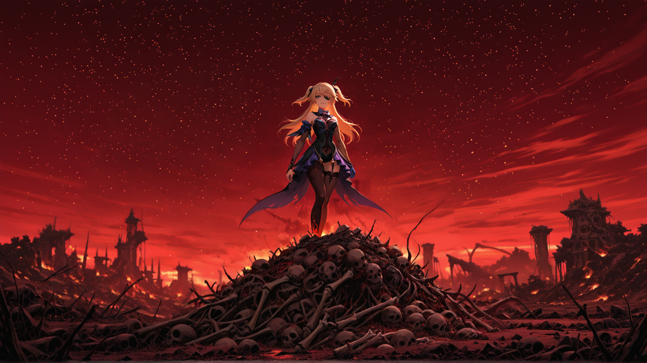 masterpiece, best quality, amazing quality, klskx, 1girl, fischl \(genshin impact\), outdoors, (scenery:1.3), horror, dark fantasy, desolate landscape, (blood-red mist:0.9), (crimson sky:1.0), (dead twisted trees:0.8), (ominous ruins:1.0), towering jagged rocks, (distant burning horizon:1.0), scattered black crows, (monochrome:1.1), red tones, volumetric lighting, intricate details, blurry background, depth of field <lora:spo_sdxl_10ep_4k-data_lora_webui:1.0> <lora:illustriousXL_stabilizer_v1.23:1.0> <lora:illustrious_quality_modifiers_masterpieces_v1:0.6> <lora:klskx_wai:0.7000000000000001>