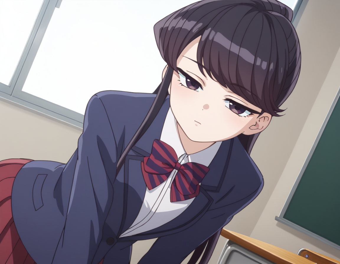 score_9, score_8_up, score_7_up, source_anime,
shoukokomi, <lora:shouko-komi-s1s2-ponyxl-lora-nochekaiser:1>,
shouko komi, long hair, bangs, black hair, black eyes, half-closed eyes,
skirt, shirt, long sleeves, bow, school uniform, jacket, white shirt, pantyhose, pleated skirt, striped, collared shirt, bowtie, red skirt, blazer, blue jacket, striped bow, striped bowtie,
indoors, classroom, bent over,
looking at viewer, cowboy shot, dutch angle, solo,
