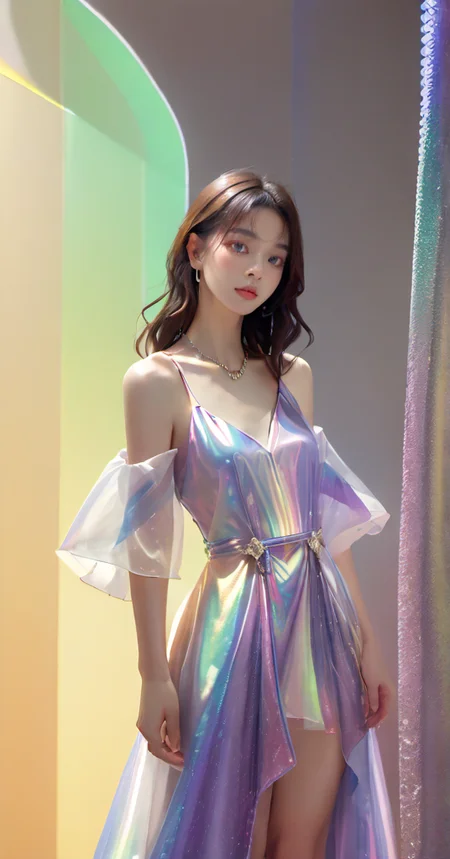 1girl, (full_body:1.2), tall, long hair, Perfect body proportions, Perfect head to shoulder ratio, slim, glowing colors, liulixl, beautiful dress, iridescence, jewelry, look at looking at viewer, detailed, realistic, 8k uhd, high quality, <lora:liulixl2-000006:1>