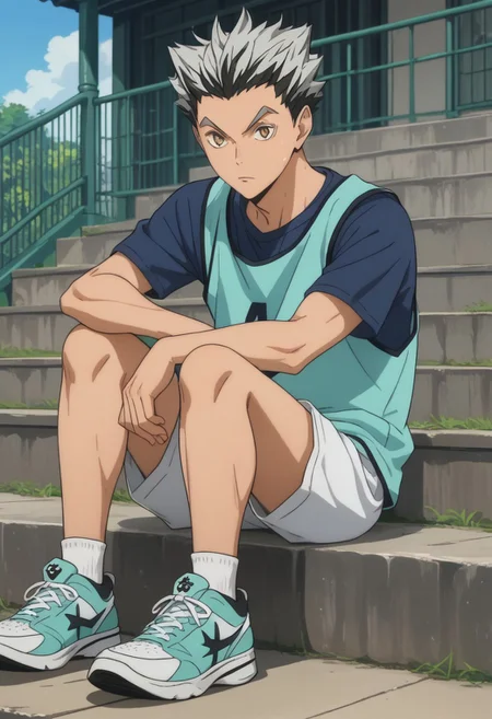 score_9, score_8_up, score_7_up, source_anime, rating_safe, Bokaikyu, 1boy, male focus, anime screencap, teal Fukurodani tank top, dark blue shirt, white shorts, white sneakers, sitting,