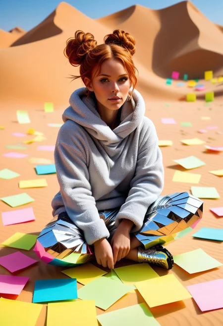 masterpiece, best quality,
1girl, woman, Bunij, ginger hair, hair buns, <lora:Bunij:0.9>, wearing shaggy silver legwarmers, shaggy silver fleece pants, fluffy oversized silver hoodie, dynamic pose, in the middle of the Sahara desert, desperately ((building a boat from Jed-StickyN sticky notes))