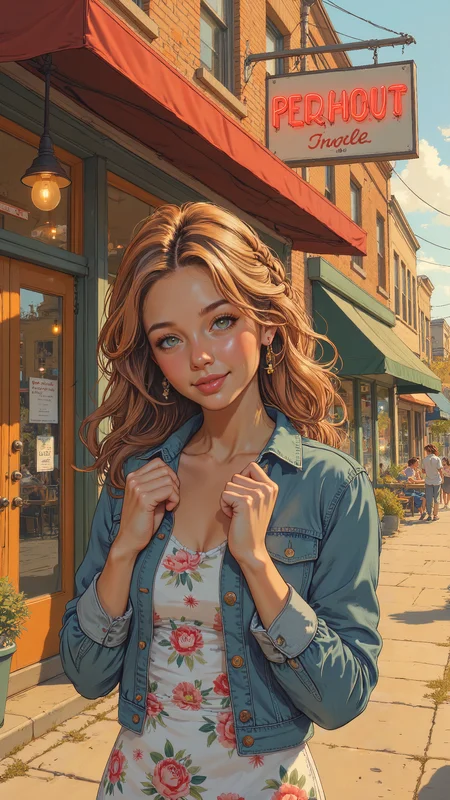 High-resolution semi-realistic anime-style illustration, soft painterly shading, upper body shot of a young woman standing on the main street of a small American town, bathed in the golden glow of the late afternoon sun. Her wavy, chestnut-brown hair is styled into a casual side braid, a few loose strands catching the light as she tilts her head slightly, a soft, amused smile on her lips. She wears a lightweight denim jacket over a fitted floral dress, the sleeves rolled up to her elbows. Her hands rest gently near her collar, one thumb hooked under the jacketâs lapel, as if adjusting it against the warm breeze. Behind her, neon signs flicker above rustic brick storefronts, a café door swings open with the scent of fresh coffee, and distant chatter fills the peaceful street. Painterly warm golds, earthy reds, and soft pastels, creating a cozy, nostalgic small-town charm <lora:ILLUSTRATION_(FLUX)_-_V3.1:0.6> <lora:Blue_Future:0.6> <lora:PinkieSoftcoreAnimeFLUX:0.8>