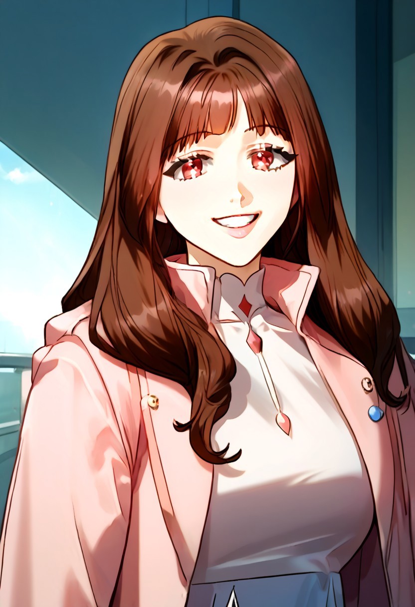 masterpiece, top quality, best quality, 1 girl, solo, long hair, brown hair, a pink jacket with a high collar, smile