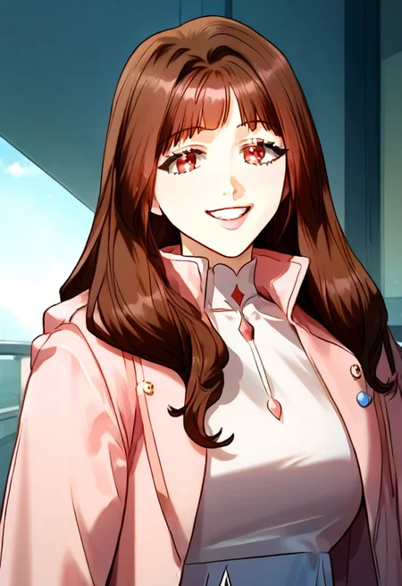 masterpiece, top quality, best quality, 1 girl, solo, long hair, brown hair, a pink jacket with a high collar, smile