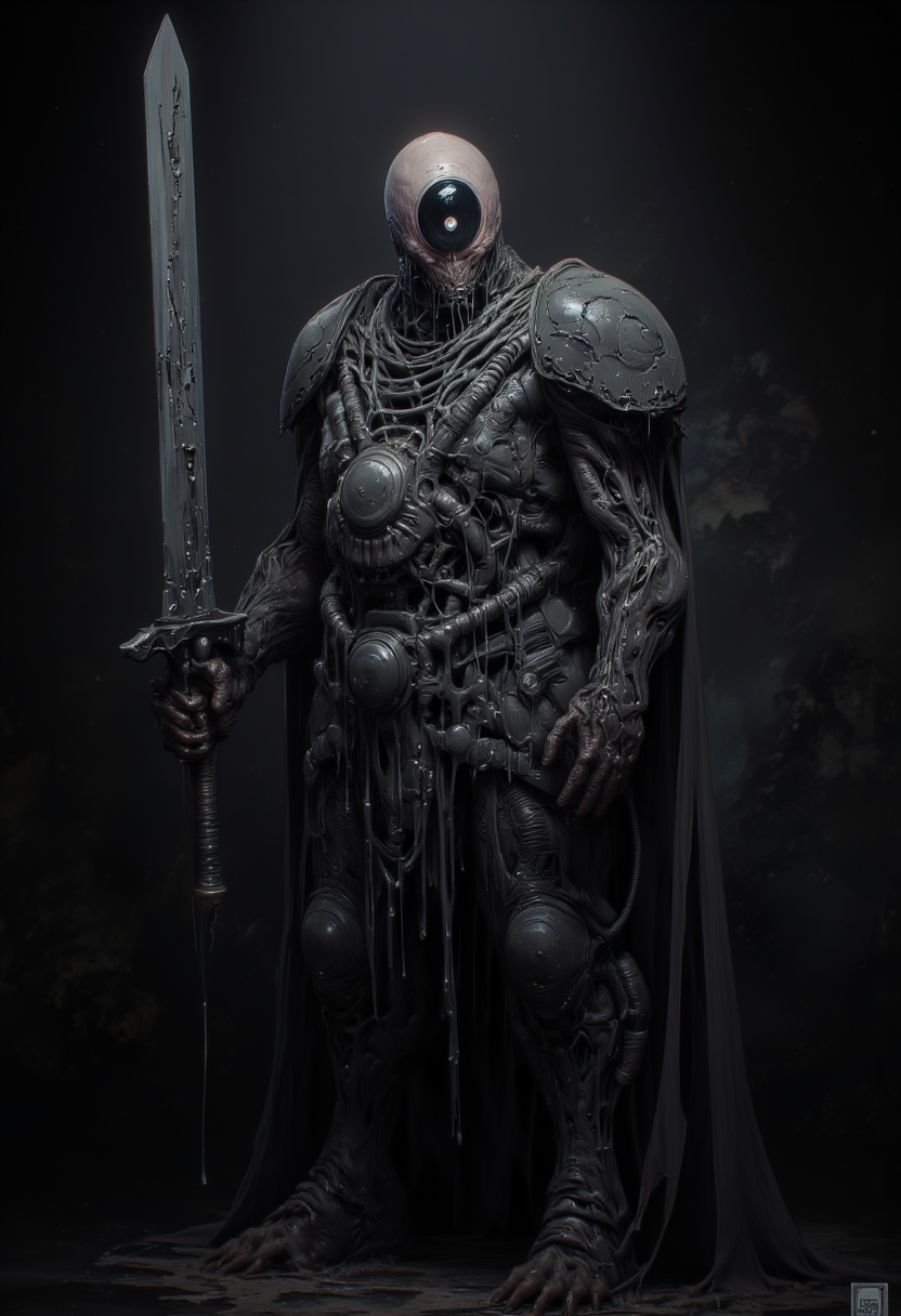 Dimly lit unsettling portrait of a hyperfuturistic fascist paladin with polygonal glass armor. Disgusting textures and a very large glass sword set the tone.