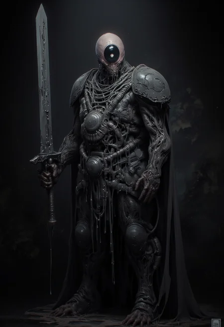 Dimly lit unsettling portrait of a hyperfuturistic fascist paladin with polygonal glass armor. Disgusting textures and a very large glass sword set the tone.