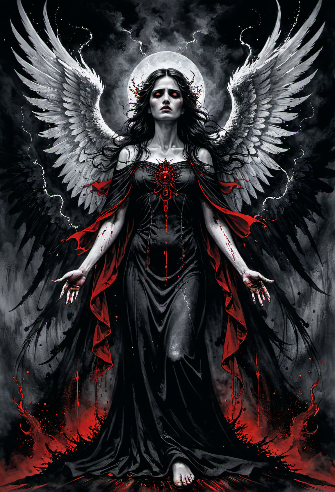 Horror-themed red and black Ink illustration,I stand amazed by the visionary genius of the artist,the exacting precision of every brush stroke making the canvas come alive with awe inspiring visuals,(illustration of a beautiful angel's final breath as she succumbs to death),angelic robes soaked in blood,the artist mourns the life of a fallen goddess,the death of virtuous saint to hands of evil,the eyes plead with the viewer to release them from their pain,(((intricate background of evil spirits in the shadows))),masterpiece . Eerie, unsettling, dark, spooky, suspenseful, grim, highly detailed