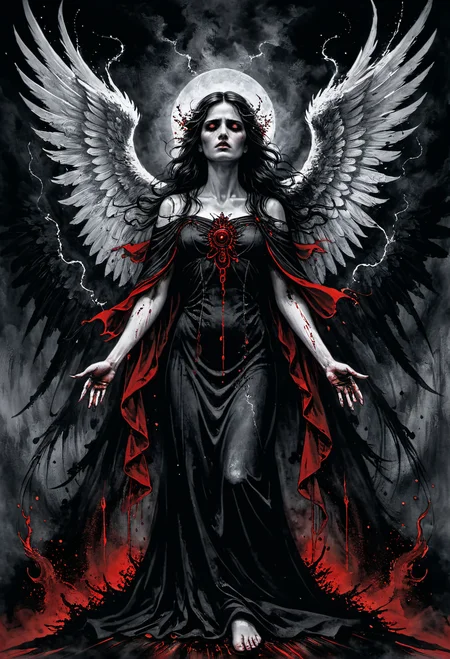 Horror-themed red and black Ink illustration,I stand amazed by the visionary genius of the artist,the exacting precision of every brush stroke making the canvas come alive with awe inspiring visuals,(illustration of a beautiful angel's final breath as she succumbs to death),angelic robes soaked in blood,the artist mourns the life of a fallen goddess,the death of virtuous saint to hands of evil,the eyes plead with the viewer to release them from their pain,(((intricate background of evil spirits in the shadows))),masterpiece . Eerie, unsettling, dark, spooky, suspenseful, grim, highly detailed