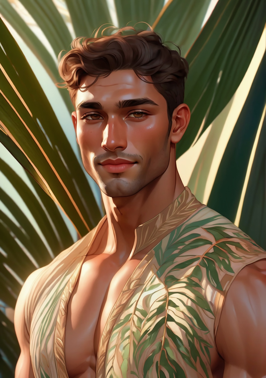 breathtaking art nouveau style of a beautiful Montenegrin human man with (light freckles:0.8) and a shy smile, (muscular:1.4), wearing see-through tunic. Chaos explosion of palm leaves. natural skin, textured skin, (Cagole aesthetic:1.2), (rim lighting:1.3), pastel colors. <lora:CuteLora:1> . elegant, ornate, flowing lines, detailed, decorative,simple . award-winning, professional, highly detailed