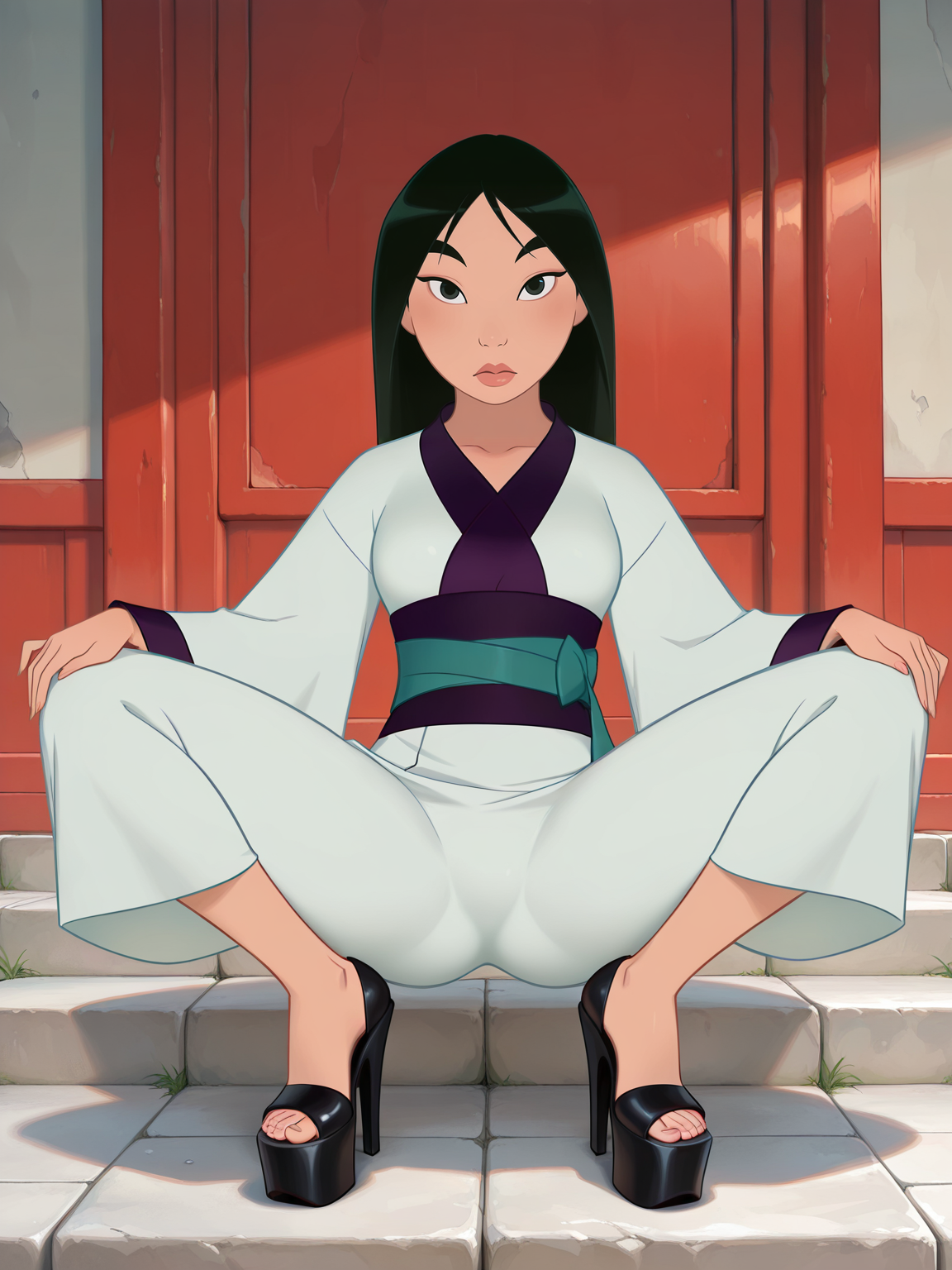 <lora:MulanIL:1> mu_an, 1girl, asian, black hair, black eyes,  straight hair,
looking at viewer, squatting, front view, spreading legs, platform high heels