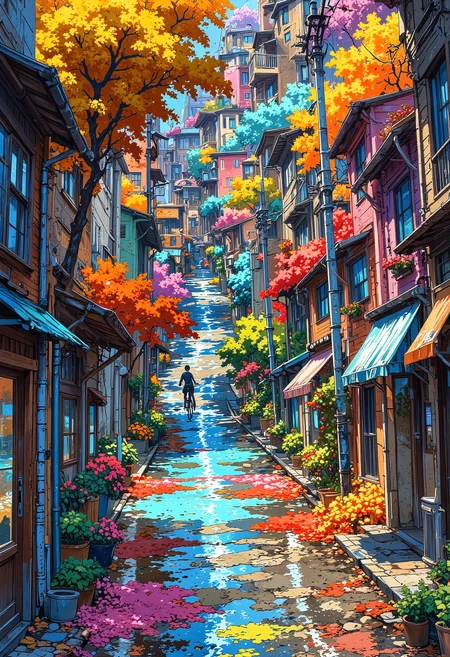 A bustling city street folds and twists like a crumpled sheet of paper, yet the people walking along it seem unfazed. Colorful Buildings stretch and curve into impossible shapes, their windows and doors distorted like a funhouse mirror. A cyclist rides along a road that loops in on itself, and a streetlight appears to be melting into a pool of liquid light. The perspective shifts unpredictably, making it hard to tell which way is up or down. An optical illusion.