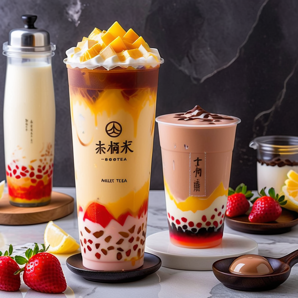 Generate a photo-realistic image of a unique pearl milk tea, creatively composed of layers made from strawberries, lemons, cheese, and chocolate. Each layer distinctively represents its ingredient, showcasing vibrant colors and textures that entice the viewer. The pearls themselves should appear as if they are made from each of these flavors, adding a whimsical twist to the traditional beverage. The cup is clear, allowing all layers to be visible, with 'BOBOTEA' artistically written on its surface. The overall composition should be visually appealing, inviting one to taste this innovative concoction, <lora:tteaw:0.8>