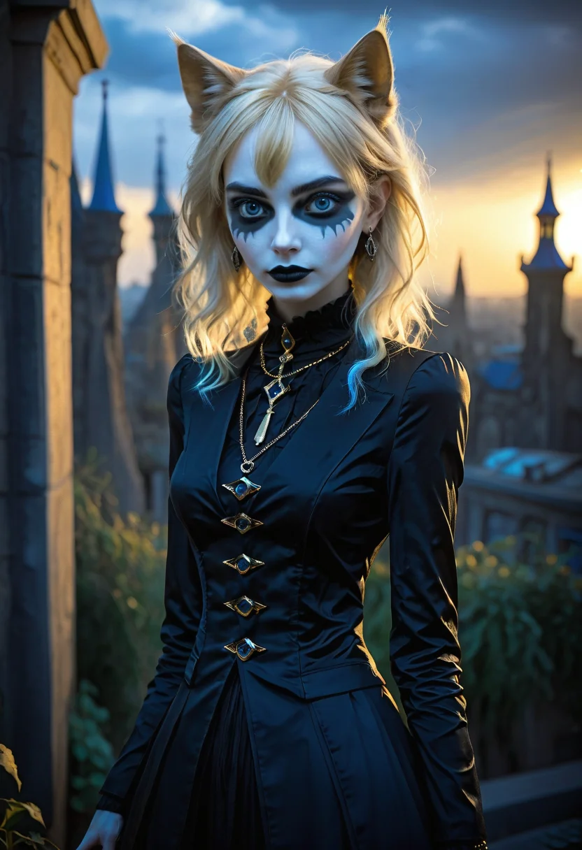 positiv Clip L:
an award-winning, photo, of a skinny Gothic woman,
positiv Clip G:
an award-winning, photo, of a skinny Gothic woman, that captivates the viewer. natural dark blue eyes exude depth and penetration. sunset in the background,