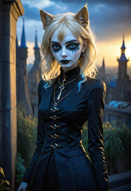 positiv Clip L:
 an award-winning, photo, of a skinny Gothic woman, 
positiv Clip G:
 an award-winning, photo, of a skinny Gothic woman, that captivates the viewer. natural dark blue eyes exude depth and penetration. sunset in the background,