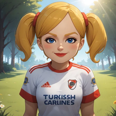 score_9, score_8, BREAK, solo, wii, mii, wii sports, 1girl, female mii, blue eyes, blush, blonde hair, blonde eyebrows, twintails, RiverPlate, striped shirt, striped, shirt, white shirt, short sleeves, clothes writing, sportswear, soccer uniform, white pants, sneakers, nintendo mii, modern_mii, classic_mii, pavika_\(\\oc_mii\\\), breasts, lips, sexy pose, self portrait, smile, outdoors, sunlight, shadows, evening lighting, natural lighting, forest, trees, grass, orange sky, sunset