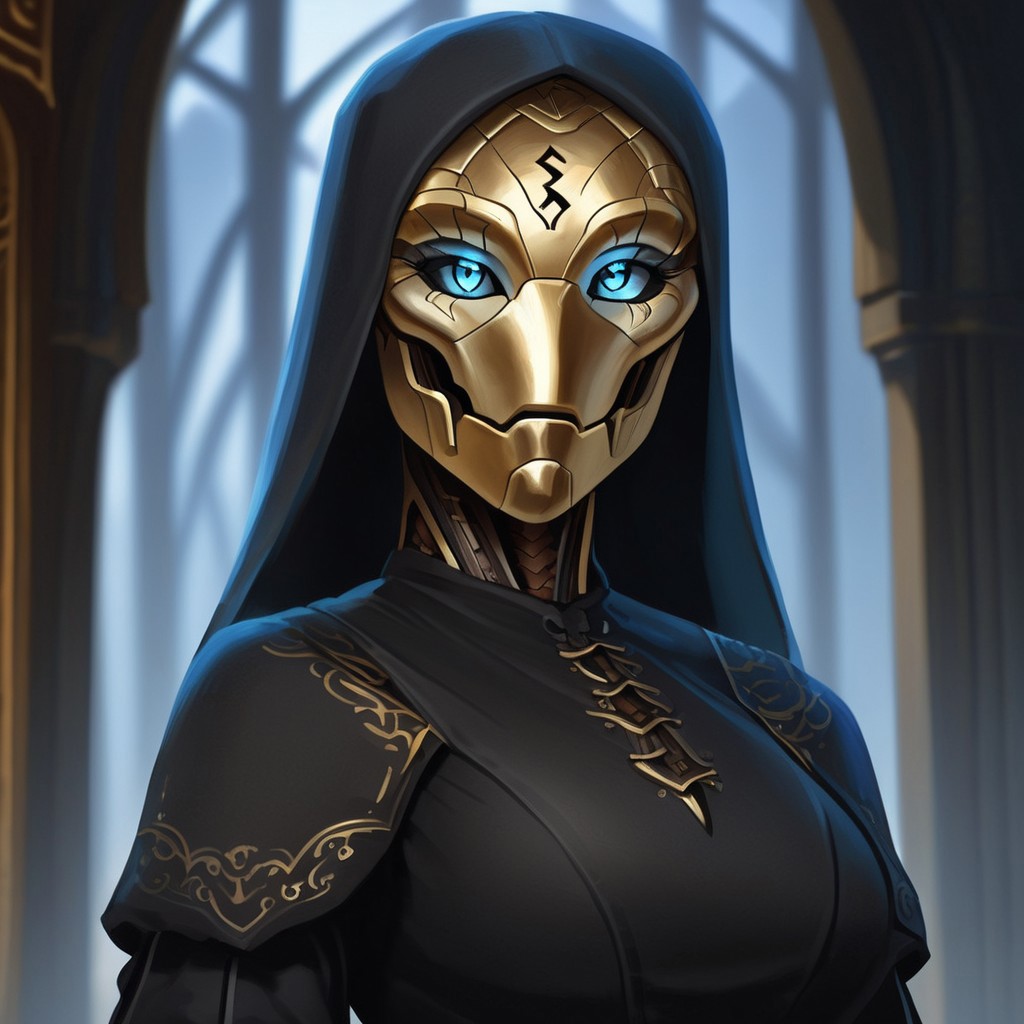 (((detailed, beautiful, high quality))), score_9, score_8_up, score_7_up, upper body, solo, 
warforged, robot monster, metal body, black sclera, rune on forehead, wooden hinges,
1 girl, blue eyes, golden skin, black corset, 
looking at the viewer, posing, 
fantasy background, blurred background,