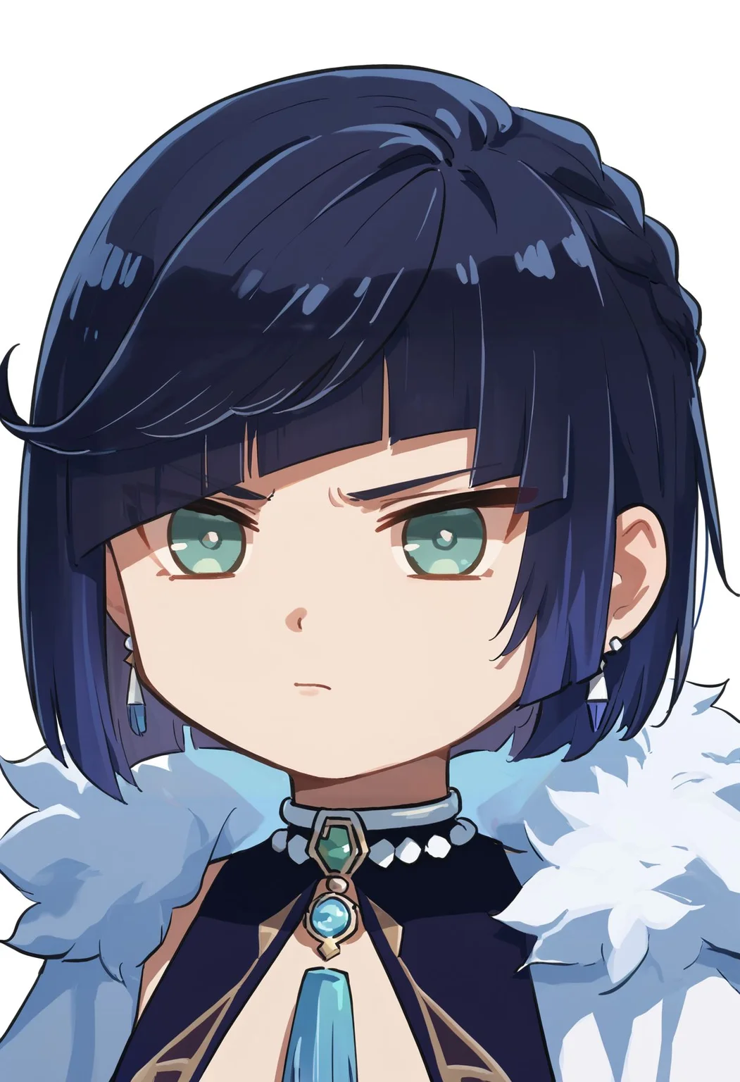 score_9,score_8_up,score_7_up, <lora:xinzoruo_style_pdxl_goofy:1>yelan \(genshin impact\), 1girl, black hair, bob cut, chibi, diagonal bangs, fur trim, gem, portrait, short hair, solo, unamused, white background