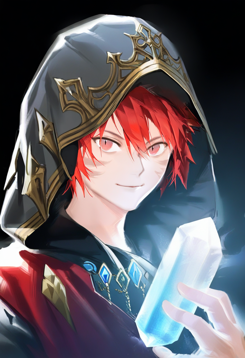 red hair, solo, 1boy, facial mark, crystal, miqo'te, male focus, red eyes, short hair, hood, looking at viewer, bangs, animal ears, hair between eyes, cat ears, hood up, upper body, smile, slit pupils, holding, black background, hand up, robe <lora:solaXL_NBVP1_lokr_V6311PZ:0.95>