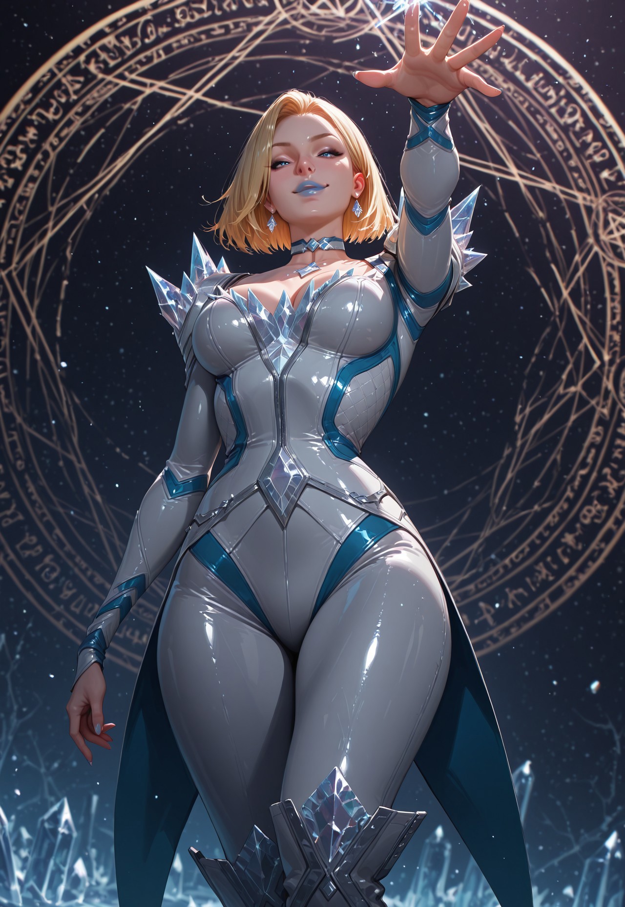 very detailed, flat color, no lineart, Vibrant Contrast, gradient colors, particle effect, (fine fabric emphasis:1.2), (((masterpiece, amazing quality, best quality, ultra-detailed, 8K, illustration, amazing quality, newest, absurdres, realistic))), highres, very aesthetic, absurd res, hi res, very awa, dynamic angle, refined, volumetric lighting, cinematic lighting, blurry background, close up vivid colors, ((source_realistic:1.6)), hyper detailed, (dynamic pose:1.4), depth of field, photorealistic colors,  

1girl, Emma Frost (/Marvel)/,(ultra HD quality details), blonde hair, short hair, blue lips, earrings, (blue eyes)
choker, leotard, white leotard, pauldron, crystal pauldron, long sleeves, cleavage, coattails, knee boots

looking at viewer, seductive pose, smug, femdom, reaching out, reaching towards viewer, 
BREAK,
cowboy shot, dutch angle, from below, simple background, crystal background,, ice magic circle, frozen background