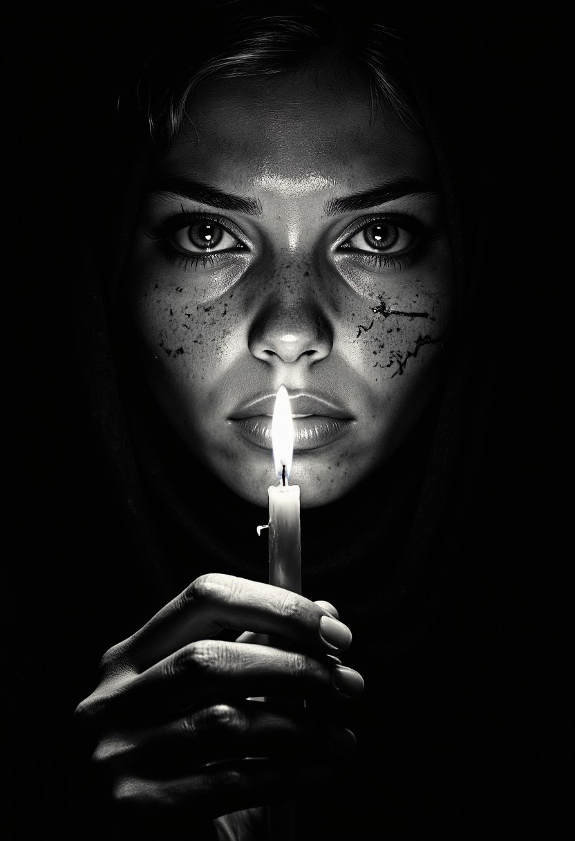 A waist-up portrait, shrouded in absolute darkness except for the weak, flickering glow of a single dying candle, casting uneven, trembling shadows across the sad woman’s face. Her wet eyelashes catch the light, making it impossible to tell if the glistening streaks on her face are tears or remnants of something long faded. The entire frame is high-contrast black and white, except for the candle’s flame—a weak, golden glow, the only warmth in an image otherwise consumed by cold emptiness. Her fingers, loosely curled around the base of the candle, tremble slightly, the melted wax hardened against her palm as if she had been holding onto it for too long.
