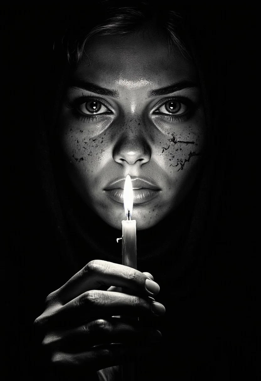 A waist-up portrait, shrouded in absolute darkness except for the weak, flickering glow of a single dying candle, casting uneven, trembling shadows across the sad woman’s face. Her wet eyelashes catch the light, making it impossible to tell if the glistening streaks on her face are tears or remnants of something long faded. The entire frame is high-contrast black and white, except for the candle’s flame—a weak, golden glow, the only warmth in an image otherwise consumed by cold emptiness. Her fingers, loosely curled around the base of the candle, tremble slightly, the melted wax hardened against her palm as if she had been holding onto it for too long.