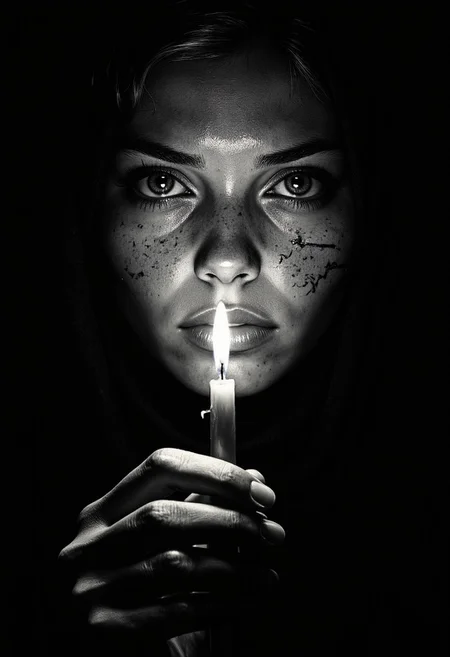A waist-up portrait, shrouded in absolute darkness except for the weak, flickering glow of a single dying candle, casting uneven, trembling shadows across the sad woman’s face. Her wet eyelashes catch the light, making it impossible to tell if the glistening streaks on her face are tears or remnants of something long faded. The entire frame is high-contrast black and white, except for the candle’s flame—a weak, golden glow, the only warmth in an image otherwise consumed by cold emptiness. Her fingers, loosely curled around the base of the candle, tremble slightly, the melted wax hardened against her palm as if she had been holding onto it for too long.