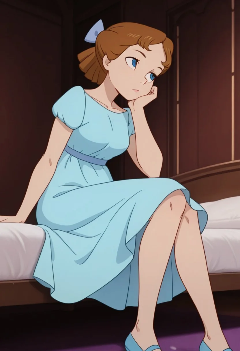 masterpiece, best quality, amazing quality, very aesthetic, absurdres, newest, detailed background, cowboy shot, indoors, dynamic angle, bedroom, perfect eyes, beatiful eyes
wendyxd, dlh, 1girl, short hair, brown hair, solo, sitting, head rest, blue dress, hairbow, blue footwear, medium breasts, blue eyes, looking at viewer