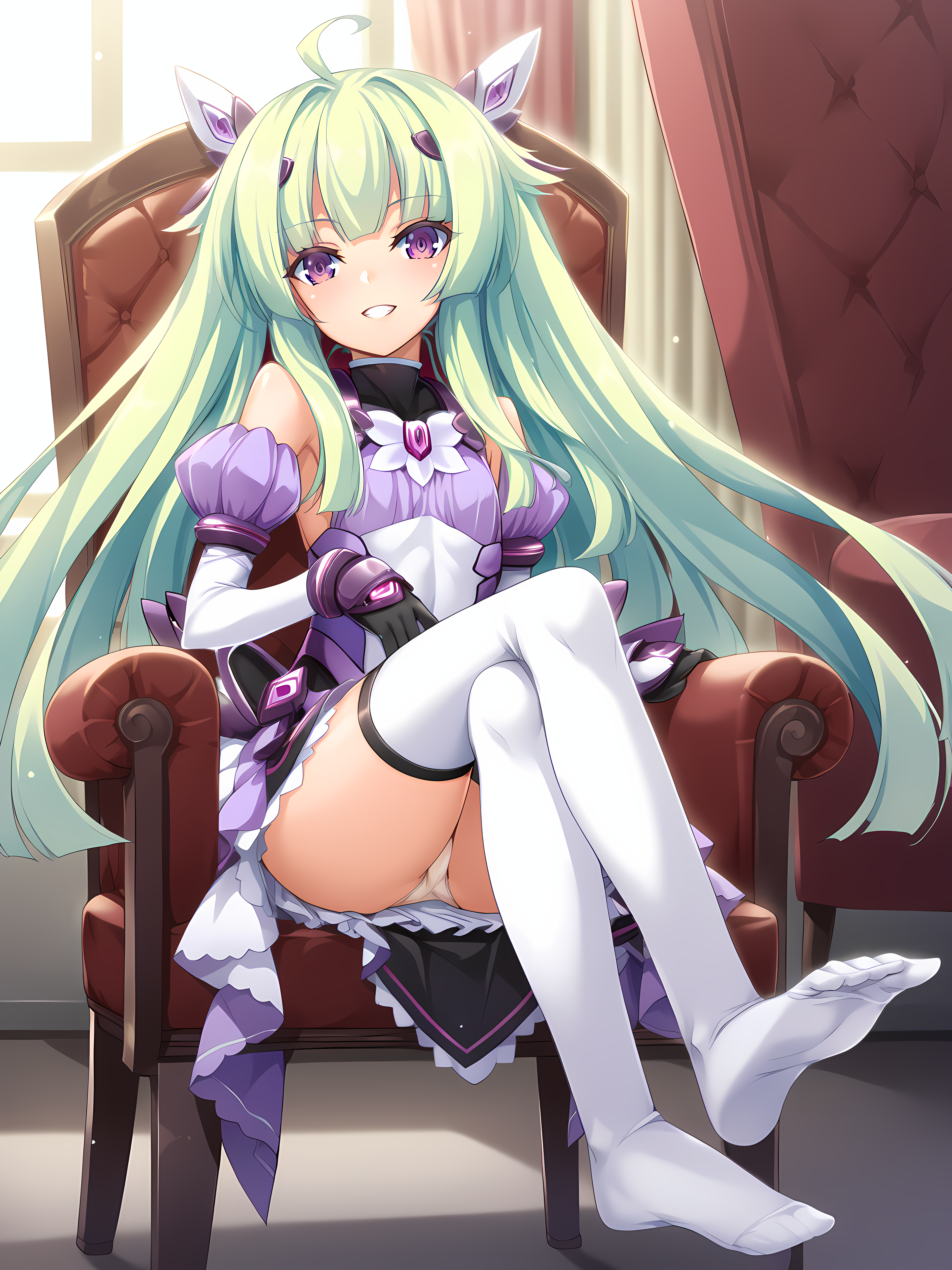 <lora:Yuri_Amakubo_-_ExS-TiA_Flora_-_Kouyoku_Senki_ExS-TiA_-_Lusterise:1>,yuri amakubo,flora,very long hair,green hair,purple eyes,indoors,full body,chair,sitting,no shoes,panties,grin,, score_9, score_8_up, score_7_up,source_anime,(masterpiece),(best quality),(ultra-detailed),(best illustration),(best shadow),(absurdres),(detailed background),(very aesthetic),source_anime