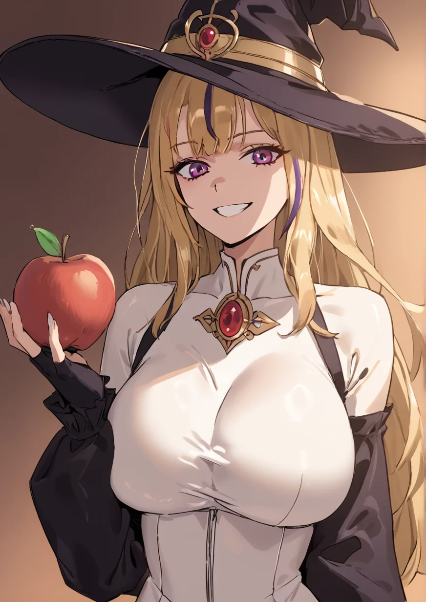 1girl, diabellze the original sinkeeper, huge breast, apple, blonde hair, bodysuit, breasts, detached sleeves, dress, duel monster, eye of horus, fingernails, food, fruit, gloves, hat, holding, holding food, holding fruit, long fingernails, long hair, multicolored hair, purple hair, smile, solo, streaked hair, white bodysuit, witch hat, <lora:LUXsumildo:1>