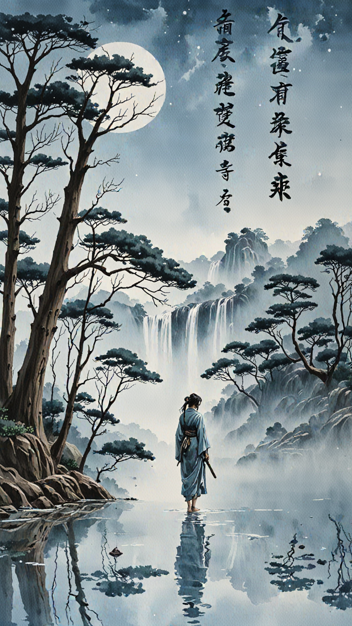 Watercolour paint effect, on partchment, Blue moon, waterfall, japanese writing, ripples, sky, trees, reflection, mist, woman, <lora:Paint_Effects_SDXL_-_By_DICE:1>, Watercolour Paint Effect