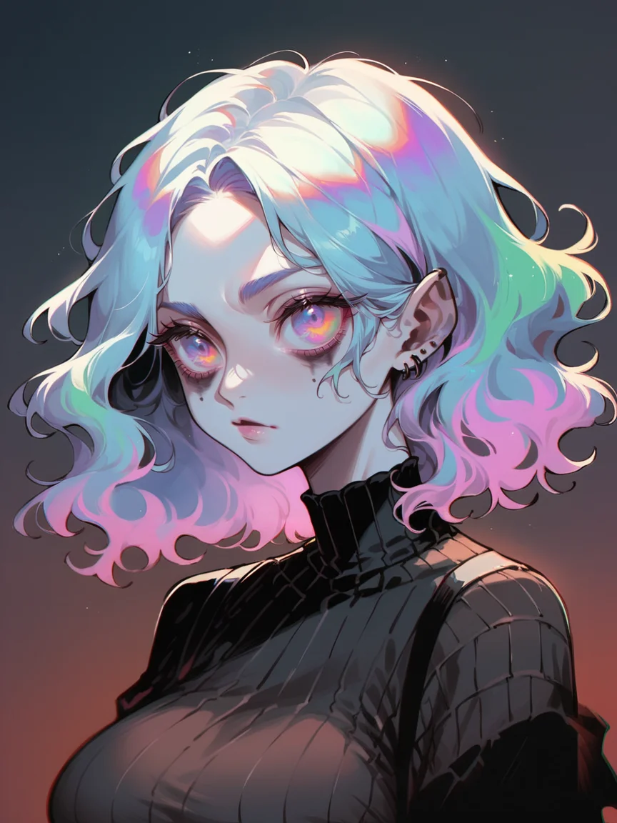 score_9, score_8_up, score_7_up, score_6_up, <lora:1r3gl1XLP:0.8> 1r3gl1, trippy, 1girl, multicolored hair, multicolored eyes, large breasts,