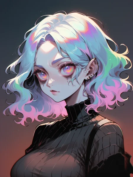 score_9, score_8_up, score_7_up, score_6_up, <lora:1r3gl1XLP:0.8> 1r3gl1, trippy, 1girl, multicolored hair, multicolored eyes, large breasts,