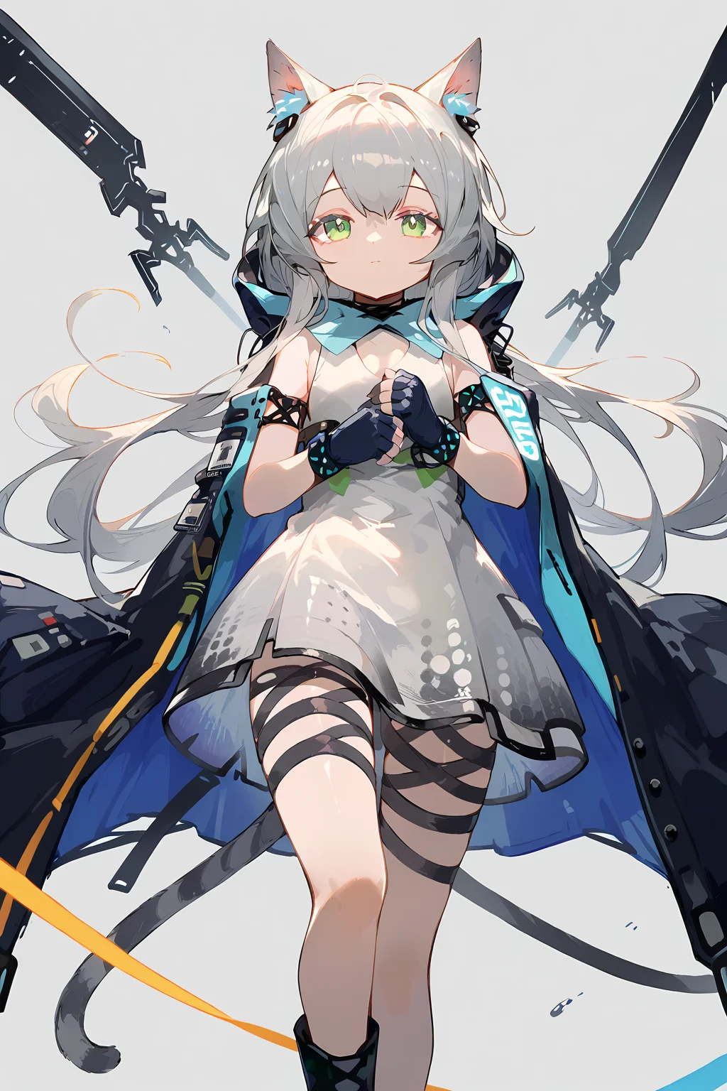 (score_9,score_8_up,score_7_up),<lora:Rosmontis(Arknights)-v1:1>,Rosmontis(Arknights),1girl,solo,rosmontis (arknights),long hair,animal ears,green eyes,gloves,cat ears,fingerless gloves,tail,dress,boots,sleeveless,cat tail,grey hair,bangs,black footwear,infection monitor (arknights),black gloves,looking at viewer,jacket,cat girl,holding,closed mouth,sleeveless dress,feet out of frame,thigh strap,white dress,bare shoulders,hood,simple background,very long hair,blue gloves,grey background,black jacket,open clothes,hair between eyes,
good feet,anime,NSFW,expressive,amazing quality,ultra hd 32k,