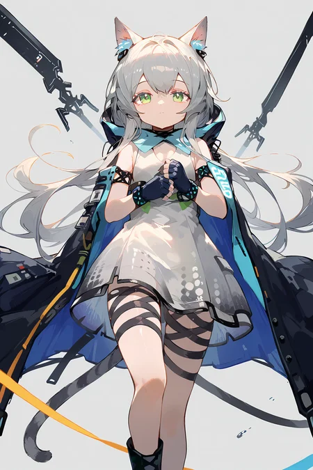 (score_9,score_8_up,score_7_up),<lora:Rosmontis(Arknights)-v1:1>,Rosmontis(Arknights),1girl,solo,rosmontis (arknights),long hair,animal ears,green eyes,gloves,cat ears,fingerless gloves,tail,dress,boots,sleeveless,cat tail,grey hair,bangs,black footwear,infection monitor (arknights),black gloves,looking at viewer,jacket,cat girl,holding,closed mouth,sleeveless dress,feet out of frame,thigh strap,white dress,bare shoulders,hood,simple background,very long hair,blue gloves,grey background,black jacket,open clothes,hair between eyes,
good feet,anime,NSFW,expressive,amazing quality,ultra hd 32k,