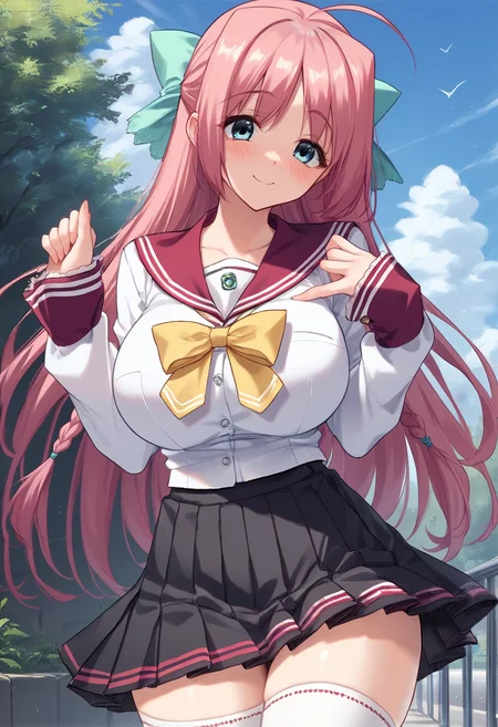 <lora:MiyaPony:0.8>m1ya,long hair,blush,blue eyes,large breasts,ribbon,pink hair,braid,ahoge,white and red school uniform,long sleeves,serafuku,yellow bow,pleated skirt,thighhighs,smile,blush,day, score_9, score_8_up,score_7_up,score_6_up,<lora:spo_sdxl_10ep_4k-data_lora_webui:0.7>