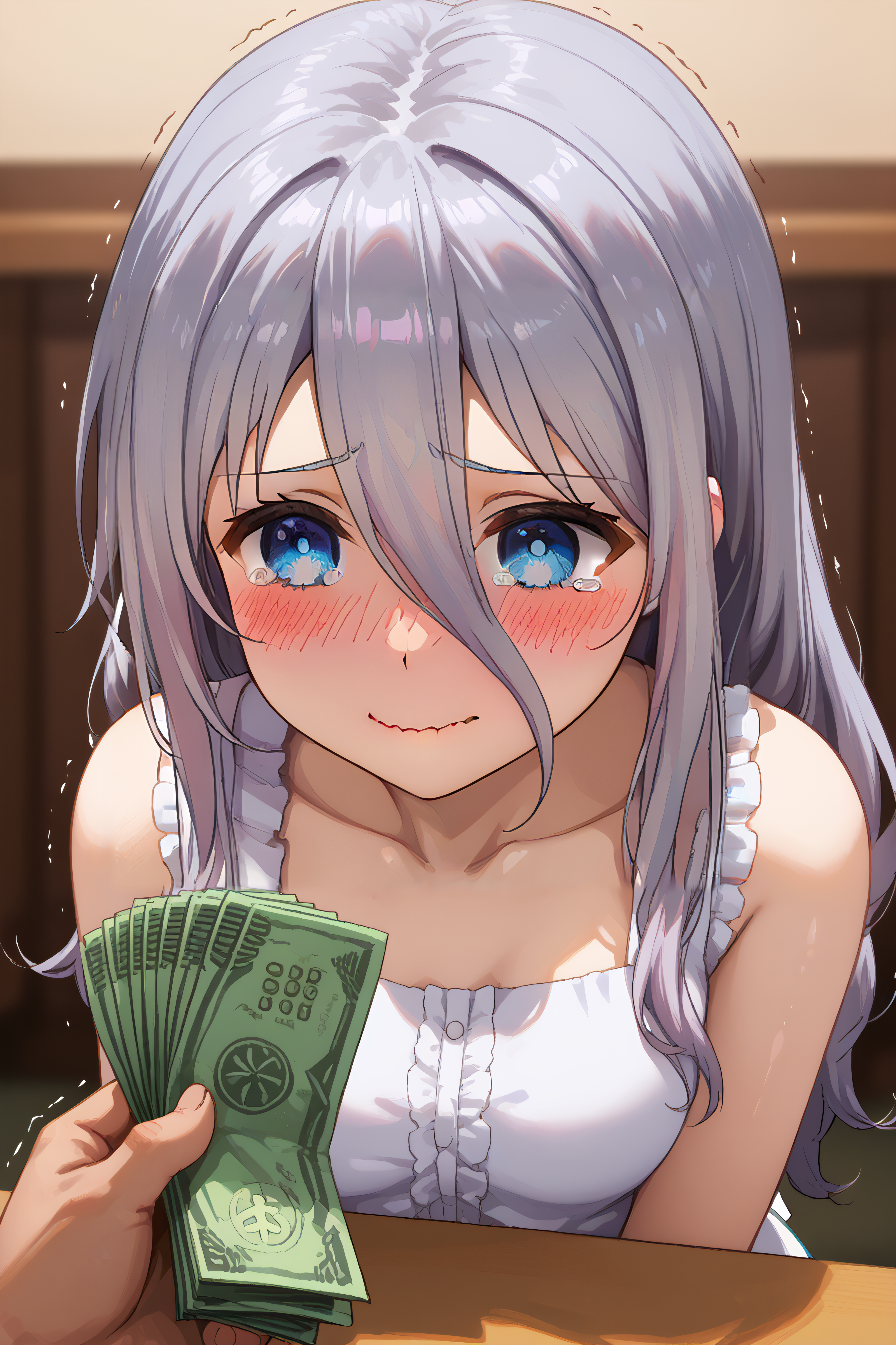 score_9, score_8_up, score_7_up, score_6_up, source_anime, BREAK, <lora:Mio Takamiya-PonyXL-lora-Faxtron:0.85> mio takamiya, blue eyes, grey hair, long hair, hair between eyes, white dress, collarbone, sleeveless,
<lora:holding-money-pov-ponyxl-lora-nochekaiser:1>, holding money pov, holding money, pov, banknote, holding,, <lora:ijimeka-ponyxl-lora-nochekaiser:1> ijimeka, ijimeka (meme), meme, full-face blush, trembling, embarrassed, wavy mouth, tears, tearing up, blush, looking down,,