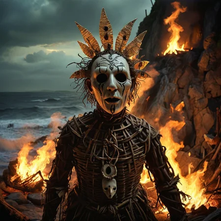 warm light style, DonMn1ghtm4reXL, stephen gammell (artist), chiaroscuro, low-key, great lighting, corcoc3s, c3s,(Folk rural horror:1.5), (isolated island community:1.3), (massive wicker man structure:1.5), (twilight scene on coastal cliff:1.2), (jubilant villagers dancing:1.4), (pagan ritual atmosphere:1.3), (protagonist trapped inside wicker man:1.4), (terrified expression visible through gaps:1.3), (flickering torches illuminating scene:1.2), (ominous bonfire preparations:1.3), (traditional folk costumes with unsettling masks:1.4), (contrast between festive mood and impending doom:1.5), (Celtic-inspired designs on wicker man:1.2), (stormy sea in background:1.1), oil painting technique, hyper-detailed, 8k resolution, unsettling warm light from flames, (sense of inescapable fate:1.3), (blurred line between celebration and cruelty:1.4), photorealistic textures, (oppressive inevitability:1.3), (implicit threat in joyful faces:1.4), (foreboding atmosphere despite festivities:1.5)