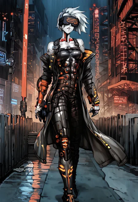 short tomboy hair, clear raincoat, cyberpunk, wearing a vr headset, shiny skin, walking in a cyberpunk dystopian city at night in the poruing rain, illuminated by neon lights <lora:masamune shirow_pony:1> solo, 1girl, cyborg, <lora:NAHIRI:1> nahiri, 1girl, solo, short hair, breasts, bare shoulders, white hair, colored skin, white skin , nomads, bakunin, moderator, holding a pistol, ligth armour, white armour, source_anime, score_9_up, score_7_up, score_8_up