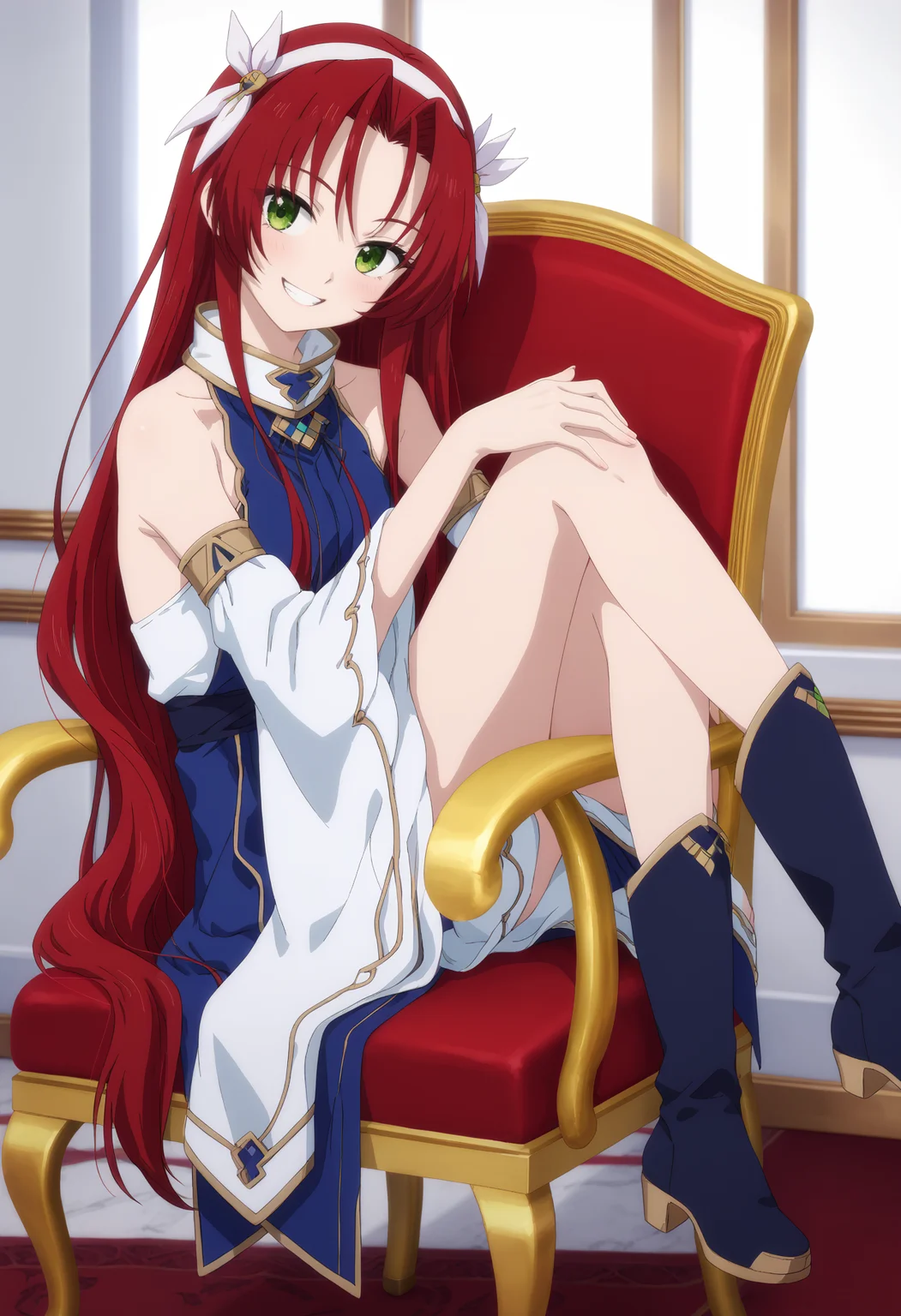 <lora:Tolcheila Solgest:1>,
Tolcheila Solgest,long hair,green eyes,solo,smile,red hair,sitting,looking at viewer,detached sleeves,grin,bare shoulders,hairband,wide sleeves,blue chair,boots,hair ornament,dress,head tilt,very long hair,blue footwear