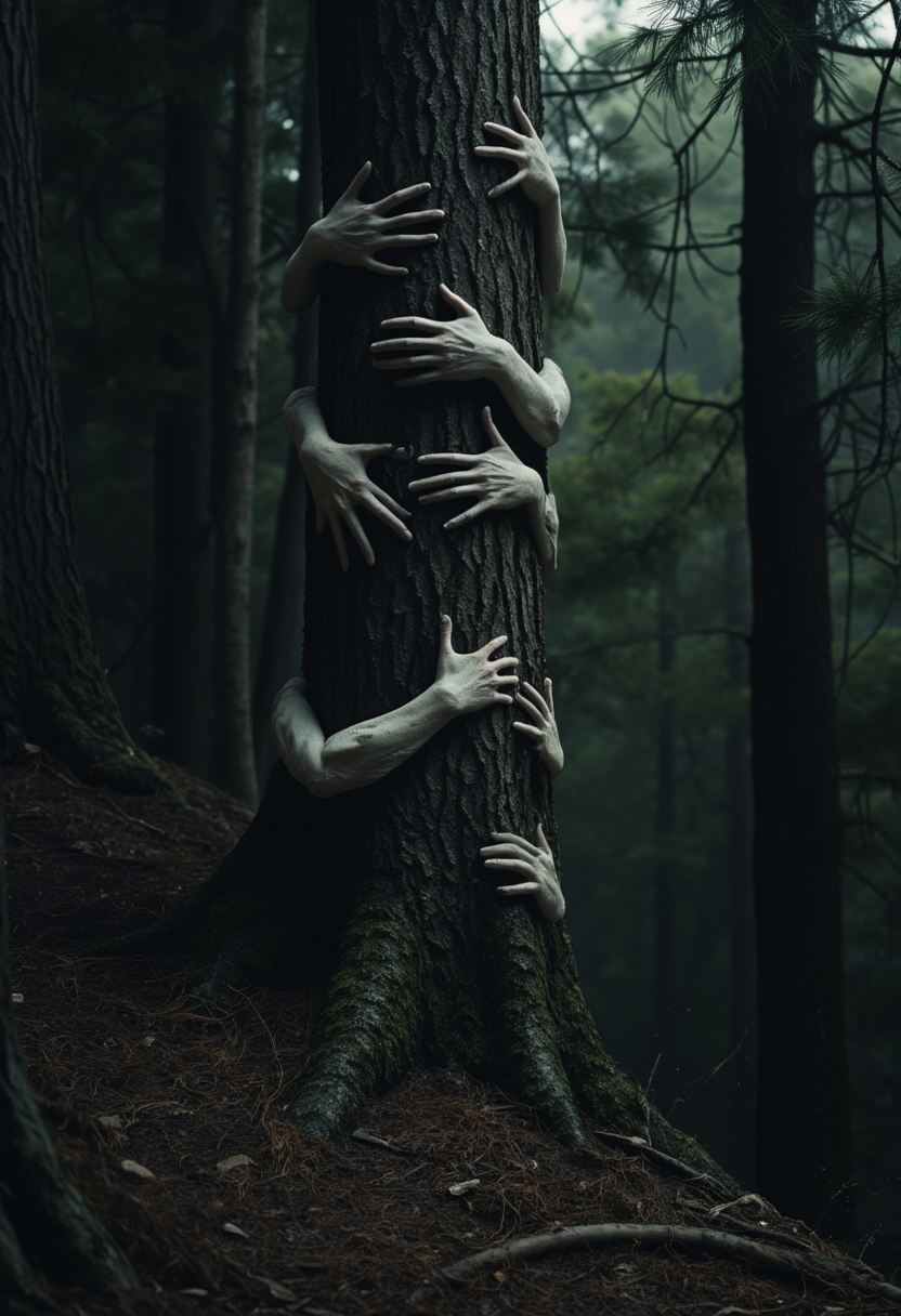 This haunting image depicts a tree in a dark forest, unnaturally entwined with multiple human arms and hands gripping its trunk at various heights. The pale, lifelike hands stand out against the rugged bark and the dimly lit, muted tones of the forest, creating an unsettling fusion of the natural and the unnatural. The surreal composition evokes themes of entrapment, desperation, and the eerie connection between humans and nature, establishing an atmosphere of unease and foreboding.