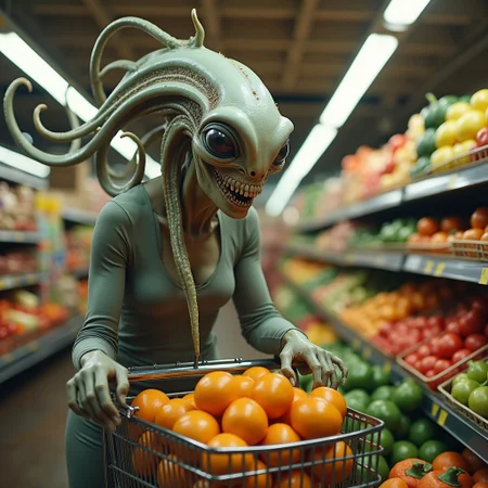bizarre female alien creature with tentacles and a large bony forehead crest, dressed like a suburban mother, pushing a shopping cart shopping for groceries in a grocery store, strange alien fruits and vegetables, photo