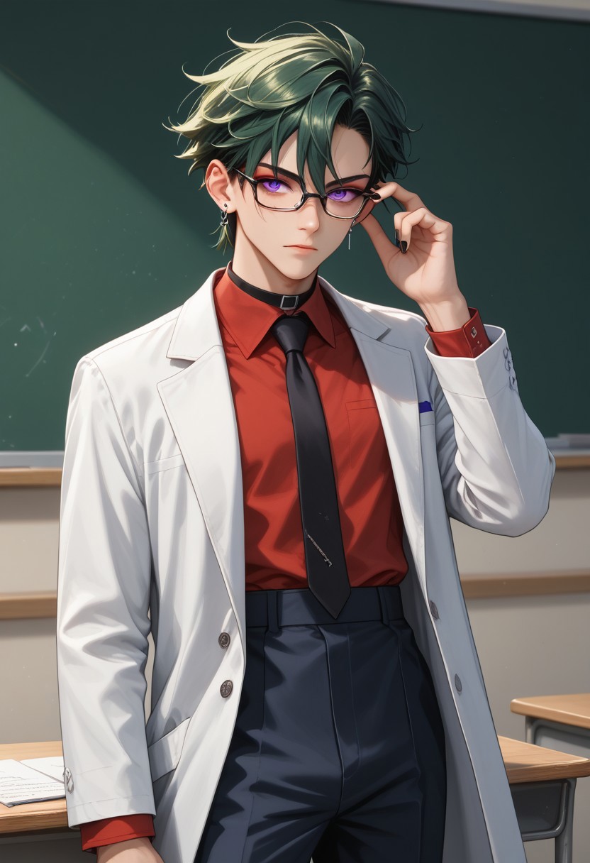 ( Score_9, Score_8, Score_7, perfect eyes, perfect face, perfect ears, perfect anatomy, thin waist, intricate details, full body, male focus,BREAK,
1boy, AntherimA,circular purple eyes, slit pupils, dark green hair, hair between eyes, asymmetrical hair parting, red_eyeshadow, (1_earstud_left_side), school uniform, (( hand on glasses, propping up glasses)), red shirt, navy trousers, black tie, Lab coat , thin frame glasses, black_choker, black nail varnish,BREAK,
School setting, classroom, teacher, whiteboard, extremely dark, extreme shadows,