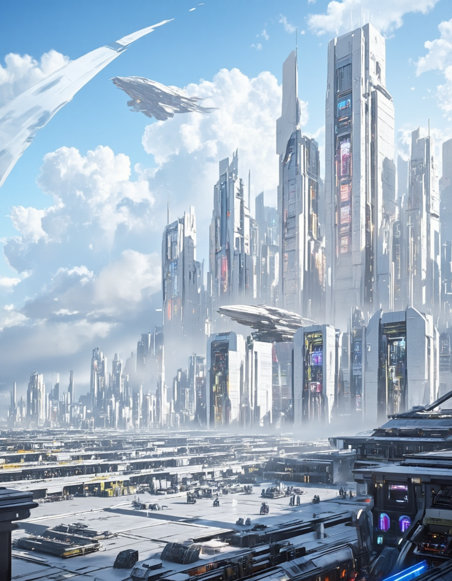 <lora:INWYTK_01a_flux:1> inwytk01flux, wh1te, a large spaceport with many spaceships parked, huge white ship in the sky, people walking around the area. In front of it is an enormous futuristic design building made out of white and grey stone and glass. mu1ti,