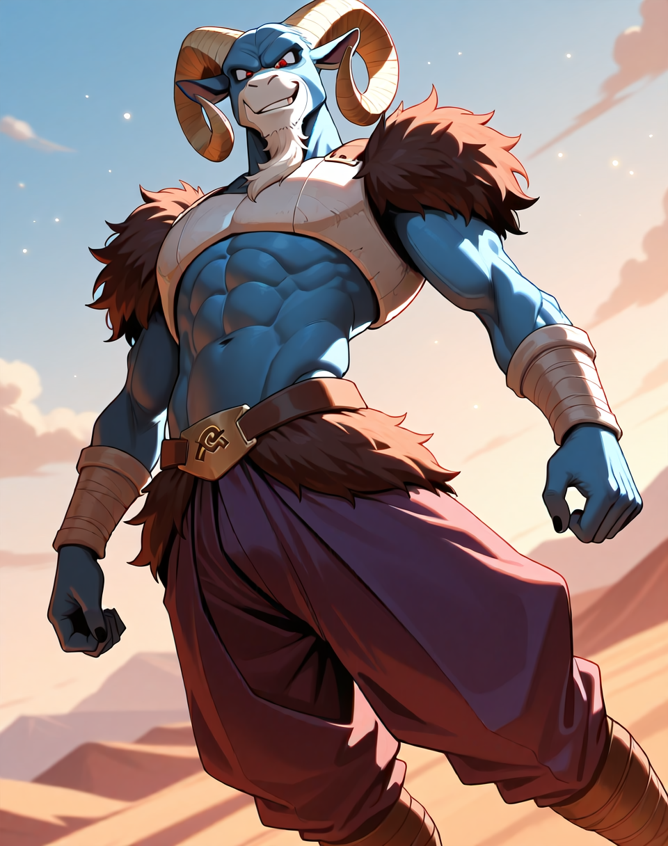 <lora:Moro_2nd_Form_(Dragonball_Z)_(Illustrious)_(AD):1.15> Moro, muscular, goat,
dutch angle, exterior, desert, sky with detailed clouds,
male focus, gradient coloring, solo, cowboy shot, bent leg, perfect proportions, goat head, blue body, soft shading, evil smirk, old, wrinkles, white beard, brown fur shoulders, brown fur waist, white chest armor, 
BREAK very awe, aesthetically pleasing, masterpiece, best quality, amazing quality, very aesthetic, perfect depth of field shot, in'ei, furry_art, source_furry, source_anime,
EZRealPONYXL, zPDXL, Smooth Quality, lazympos, IllustQualXL_Pos,