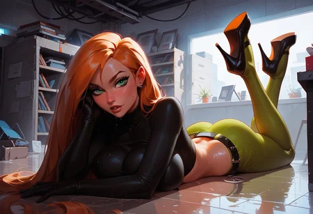score_9, score_8_up, score_7_up, score_6_up, g0thicPXL, glowing, neon, kim possible Kimberly Ann Possible, 22 years old,
1 girl, solo, long hair, black gloves, navel, green eyes, belly, belt, green trousers, , black crop top, turtleneck, BIG BREASTS,LONG HAIR,orange hair,
high heels, workshop, lying on floor, on stomach, looking at viewer, sensual, selfie, wet skin, sweat, perfect face, perfect eyes, wet skin, sweat,