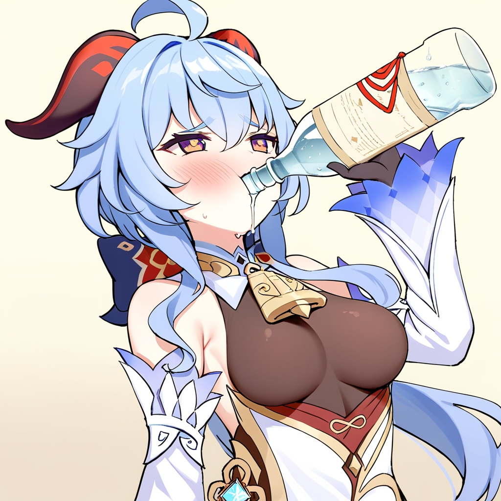 <lora:xl_katyusha_chug(kohaku_delta)-000014:1>,drinking,solo,bottle,blush,ganyu \(genshin impact\),, masterpiece, best quality,