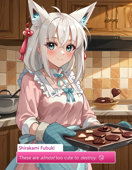 score_9, score_8_up, score_7_up, source_anime, anime screencap, baking valentines cookies, looking at viewer, blush, smile, gloves, holding, frills, food, indoors, apron, chocolate, cookie, oven mitts,
vintage-inspired kitchen, heart-shaped cookie cutters, festive themed mixing bowl, cinnamon and vanilla scent, delicate sugar decorations, cute baking apron with lace, softly glowing fairy lights,
warm wooden countertops, cookie dough rolled out, pink and white striped napkins, intricate chocolate drizzle, whipped cream piping bag, neatly arranged cookie tin, soft golden hue from oven light,
glass jar filled with heart candies, cozy homemade atmosphere, festive oven mitts with tiny hearts, gentle flour dusting over counter, pastel pink ceramic plates, love notes written on recipe pages, Shirakami Fubuki, White hair, Blue eyes, Fox ears, Short bangs, Long side hair, White and blue outfit, Black thigh-high socks, Hair ornament, Pale skin, Cute appearance, SHIRAKAMI_FUBUKI