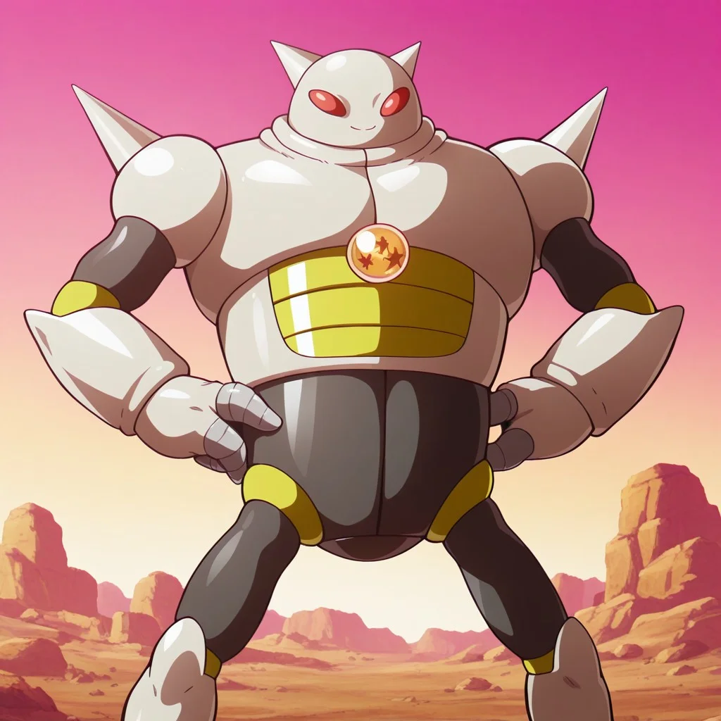 masterpiece, best quality, amazing quality, official style, t4m4gamithree, male, solo, robot-like, grey body, red eyes, horns, spikes on shoulders, 3 fingers, holes in palms, beige armor, two-tone armor, three-star dragon ball, dragon ball in chest, standing, smile, hands on hips, outdoors, dirt